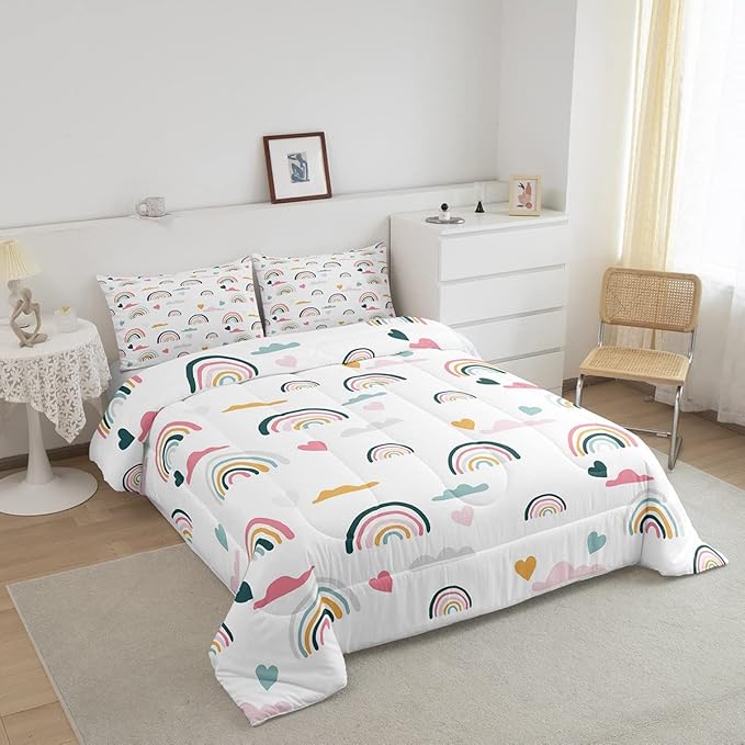Erosebridal Kids Rainbow Bedding Set, Girly Love Heart Comforter Set Full Size Cartoon Rainbow Cloud Duvet Sets for Girls Boys Women Bedroom Decor, Soft Microfiber Down Comforter 3 Pieces,Colorful