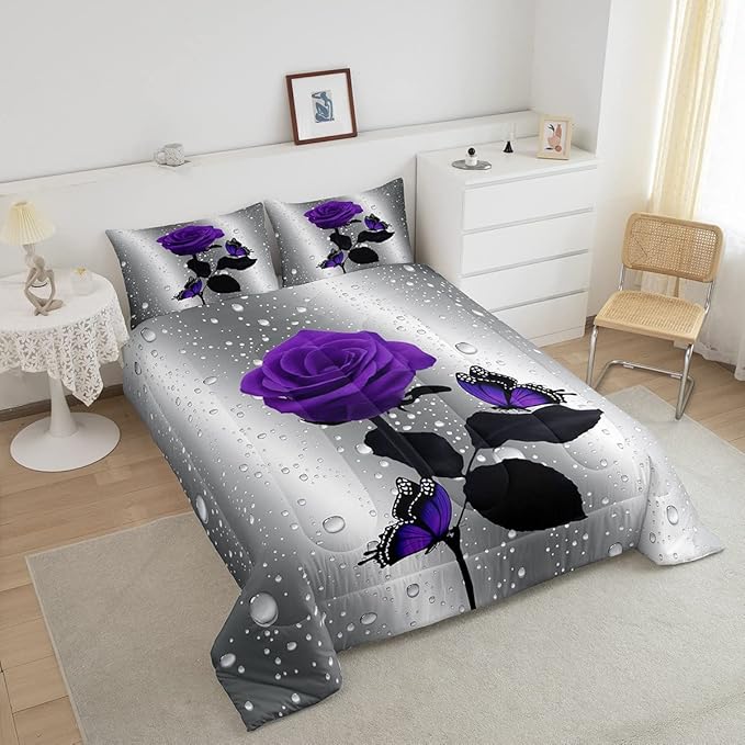 3D Rose Comforter Set Rose Floral Print Bedding Set Romantic Flowers Comforter for Kids Boys Girls Children Teens Bedroom Decor Purple Rose Butterfly Duvet Set Twin Size Quilt Set With 1 Pillow Case