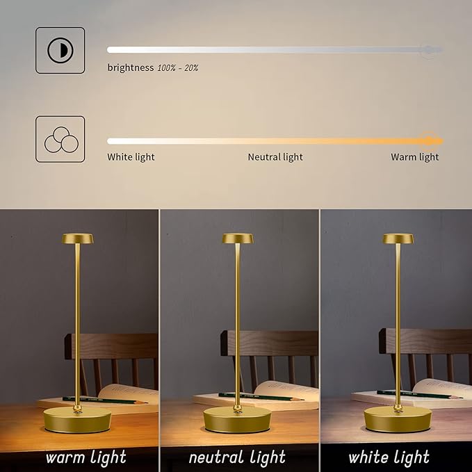 Cordless Battery Powered Table Lamp, Rechargeable LED Dimmable Brightness Metal 6000mAh Touch Desk Lamp Portable Modern Design for Restaurant Indoor & Outdoor (Gold)