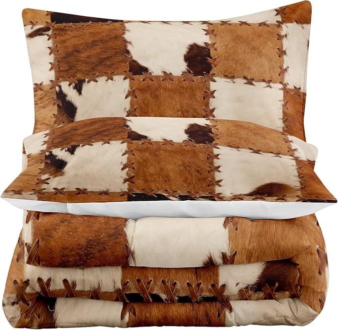 Tailor Shop Brown Cow Print Comforter Set King, Farmhouse Cow Print Bedding in A Bag, Leather Stitching Rustic Cowhide Comforter with 2 Matching Pillowcases Bedroom Decor……