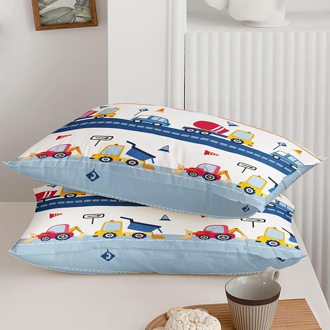 Cartoon Car Kids Comforter Set Full,Construction Bedding Set Equipment Trucks Comforter Excavator Tractor Quilt Set with 1 Comforter 2 Pillowcases for Boys Girls Teens Adults Bedroom Decor(Blue Red)