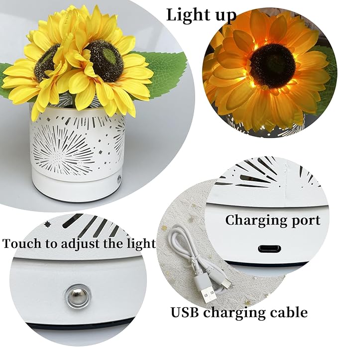 Sunflowers Lamp Touch Lam Artificial LED Sunflower Flowers with Glass Vase Table Lamp Night Light for Home Office Decor House Decorations Gift Idea - Rechargeable (Starry Sky Sunflower)