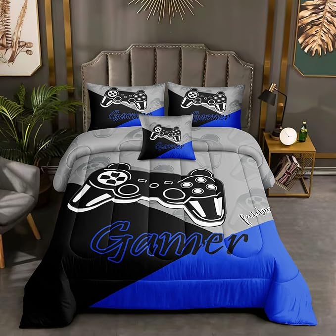 6 Pieces Bed in A Bag Gamer Bedding Set for Boys Kids Adult Gaming Comforters Set,Boys Bed in A Bag Set Full Size Comforter with Fitted Shee Flat Sheet Pillowcase pillowsham,DJT5002Queen