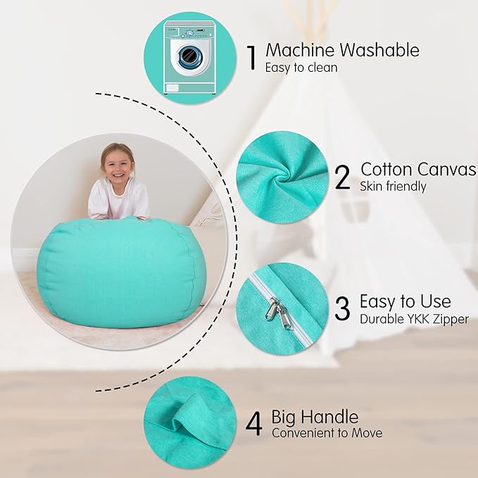 Aubliss Stuffed Animal Bean Bag Storage Chair, Beanbag Covers Only for Organizing Plush Toys, Turns into Bean Bag Seat for Kids When Filled, X-Large 48"-Canvas Solid Aqua