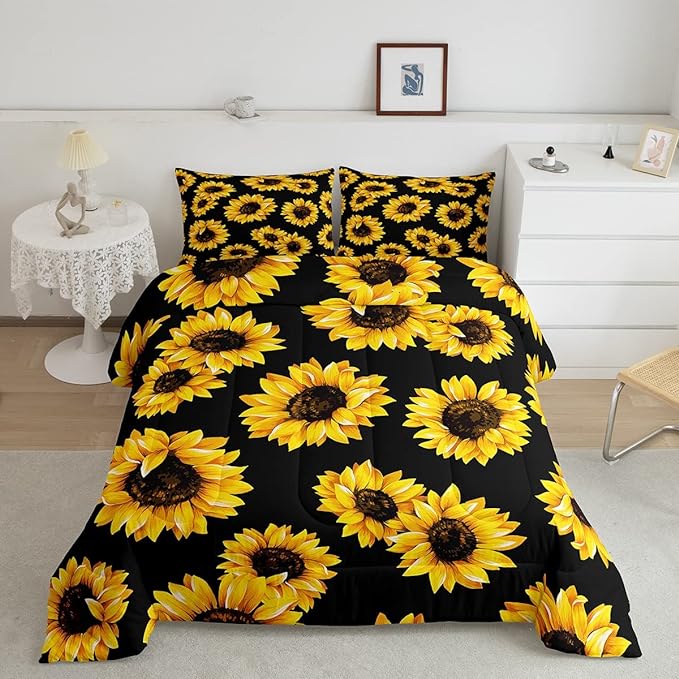 Erosebridal Yellow Sunflowers Bedding Black Yellow Comforter Set Gold Yellow Sunflowers Printed Luxury Black Boys Girls Bedding Sets Twin 1 Down Comforter 1 Pillowcase (Twin, Black Sunflowers)