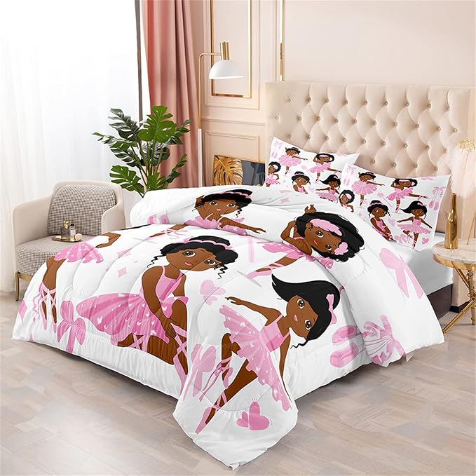 African American Comforter Set 3Pcs for Kids Pink Black Cute Little Dancers Twin Bedding Set for Girls Queen Size Soft Lovely Ballet Girl Duvet Cover with 2 Pillowcases for All Season