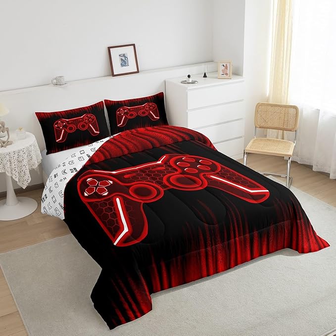 Feelyou Gamer Comforter Set King Size Kids Game Controller Comforter for Boys Teens Red Black Bedding Set Gaming Duvet Set Room Decor Quilt Set