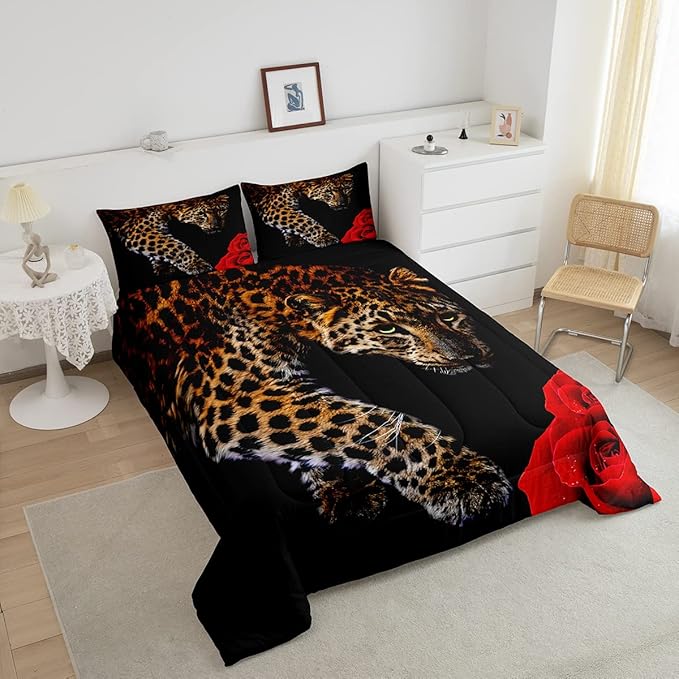 Erosebridal Red Rose Cheetah Comforter Set Full Size Leopard Print Comforter Rose Flower Down Comforter for Kids Boys Girls Youth Men Women African Savanna Wildlife Animal Theme Duvet Set, Red Black