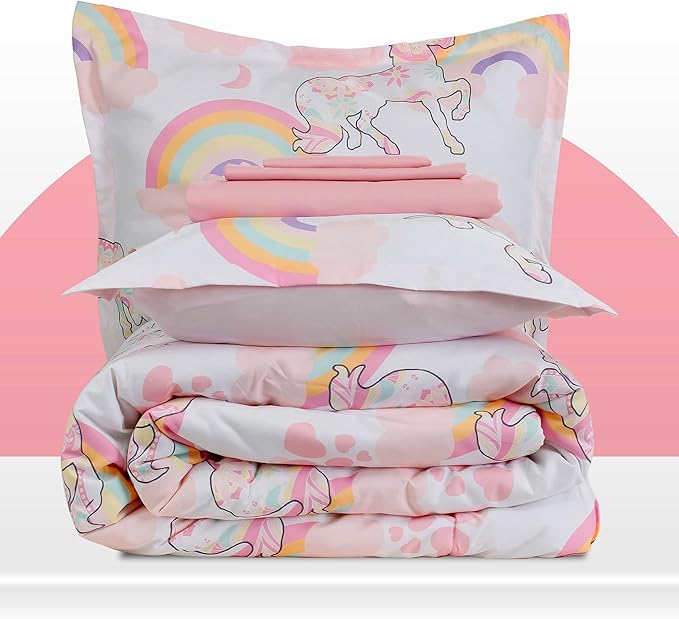 SLEEP ZONE Kids Twin Bedding Comforter Set - Super Cute & Soft Kids Bedding 5 Pieces Set with Comforter, Sheet, Pillowcase & Sham (Pink Unicorn)