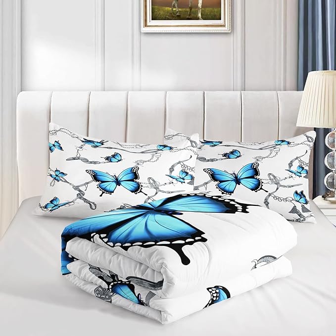 CVHOUSE Butterfly Bedding Set,Butterfly Comforter Full,Butterfly Comforter Set for Girls Kids Teens,Butterflies Quilt Set with 1 Comforter and 2 Pillow Cases- 3 Piece