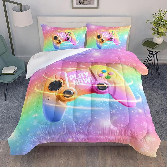 Datura home Bedding Comforter Set Rainbow Gamepad Printed Pattern Quilt with 1 and 2 Pillowcases for Girls Bedroom All Season(Rainbow Twin) Twin 68x86inches