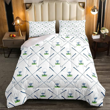 Erosebridal Golf Comforter Set Queen Size Golf Club Bedding Set Sport Game Athlete Grass Leaf Branches Down Comforter for Men, Room Decorative 3 Pieces Comforter with 2 Pillow Cases, White