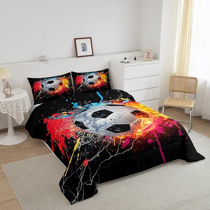 Kids Soccer King Size Comforter Set For Boys Football Sports Bedding Set Teen Colorful Grunge Hippie Tie Dye Quilt Comforter Red Blue Water Fire Lightning Duvet Insert Lightweight Bedroom Dorm Decor