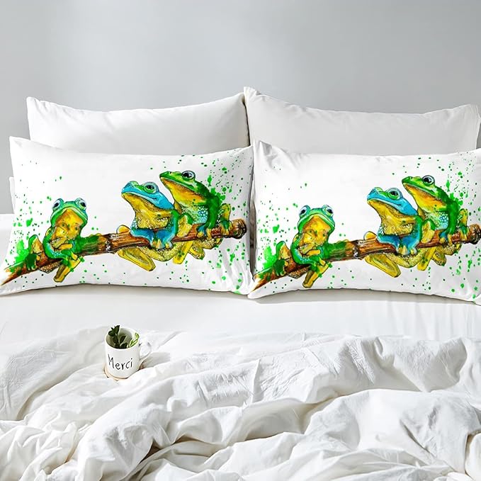Erosebridal Cartoon Frog Comforter Set Full Size, Green Tie Dye Down Comforter, Tree Branch Quilted Duvet,Animal Soft Duvet Insert for Kid Adult, White Room Decor Reversible All Season