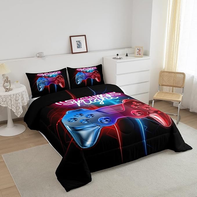 Boys Gaming Comforter Set Full Size Teens Gamer Bedding Set Modern Blue Red Video Game Controller Comforter for Kids Children Youth Bedroom Decor Multi-Color Gamer Console Action Buttons Duvet Set