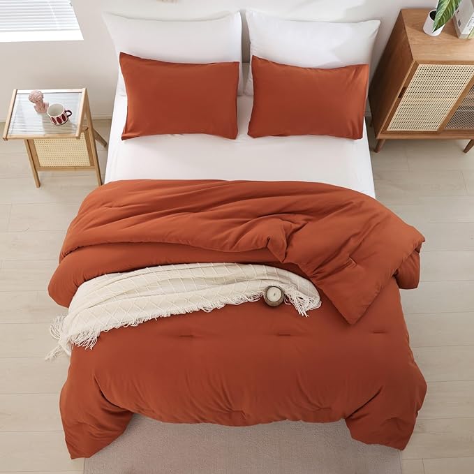 ROSGONIA Twin Comforter for College Girls Boys Teens Burnt Orange, 1 Boho Comforter & 1 Pillowcase, Soft Kids Comforter Sets All Season Dorm Bedding