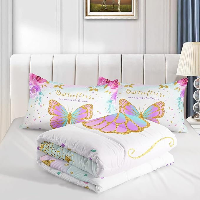 CVHOUSE Butterfly Bedding Set,Butterfly Comforter Twin,Butterfly Comforter Set for Girls Kids Teens,Butterflies Quilt Set with 1 Comforter and 2 Pillow Cases- 3 Piece