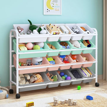 Kids Toy Storage Organizer with 20 Plastic Bins, 4-Tier Metal Toy Storage Rack, Extra Large Toy Organizer and Storage Bins for Kids Room, Playroom and Nursery, Multi-Color