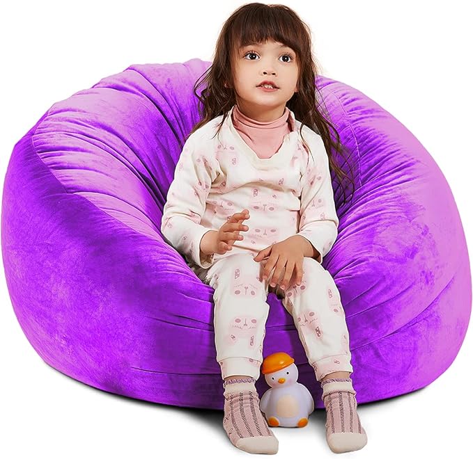 Bean Bag Chair Cover, Stuffed Animal Storage, Plush Toys Organizer Holder, Beanbag Chairs Cover for Kids Teans and Adults Super Soft and Comfortable Fabric X-Large with Handle and Zipper -Round Purple