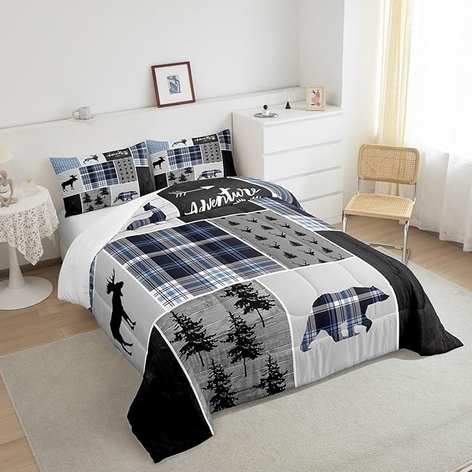Rustic Adventure Kids Comforter Set Queen Size,Deer Bear Pine Trees Xmas Bedding Set for Boys Girls Adults Room Decor,Plaids Arrows Wooden Patchwork Down Comforter,Blue Duvet Insert,2 Pillowcases