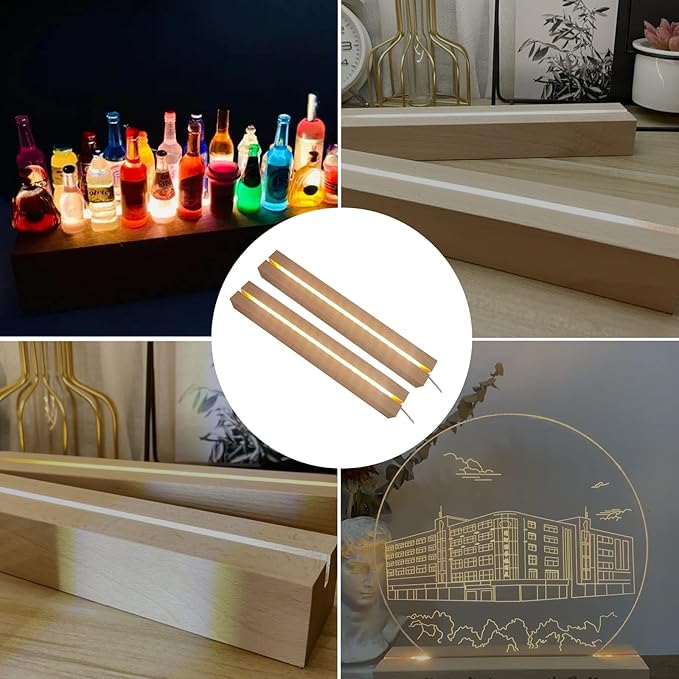 LED Light Display Base, 2 pcs 11.81 Inch Wooden LED Light Base for Acrylic, Rectangle Wood Display Pedestal, 3D Crystal Light Base For Glass Art, Wood Night LED Light Lamp Base with Usb Switch
