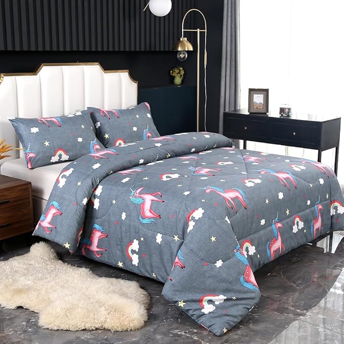 3PCS Gray Unicorn Comforter Set Queen Size, Queen Bed in a Bag Set Cute Bedding, Hotel Luxury, Lightweight Comforter Queen for Boys Girls Toddler Kids and Teens, Queen