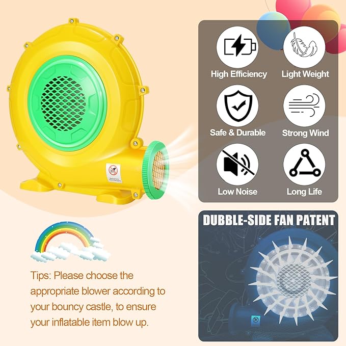 Bounce House Blower, 370W 0.5HP Commercial Air Blower with Double-sided Fan Blade Design, Strong Wind and Great Heat Dissipation Properties for Small Bouncy Castle, Jump Slides, Inflatable Arch