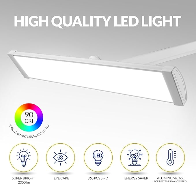 Super Bright 2,300 Lumens Powerful Professional Eye Care LED Desk Lamp, Brightness & Color Temperature Adjustable, Task Light for Home, beauty, Crafting, Office, Workbench (CCT, Dimmable, White)