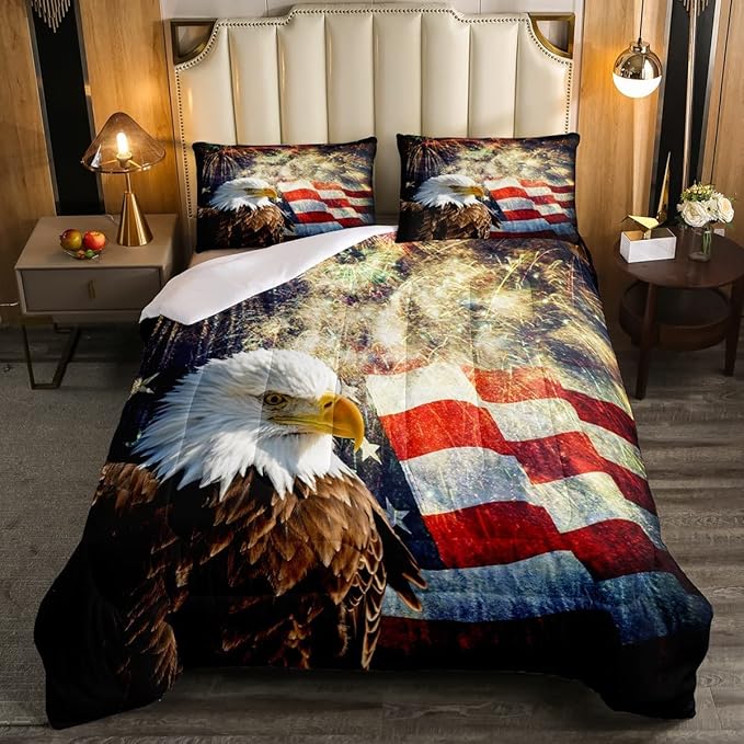 Erosebridal American Flag Comforter Eagle Room Decorative Comforter Set King Size Firework Bedding Set Wildlife Animal Bird Down Comforter Soft Lightweight Quilt Set with 2 Pillowcases