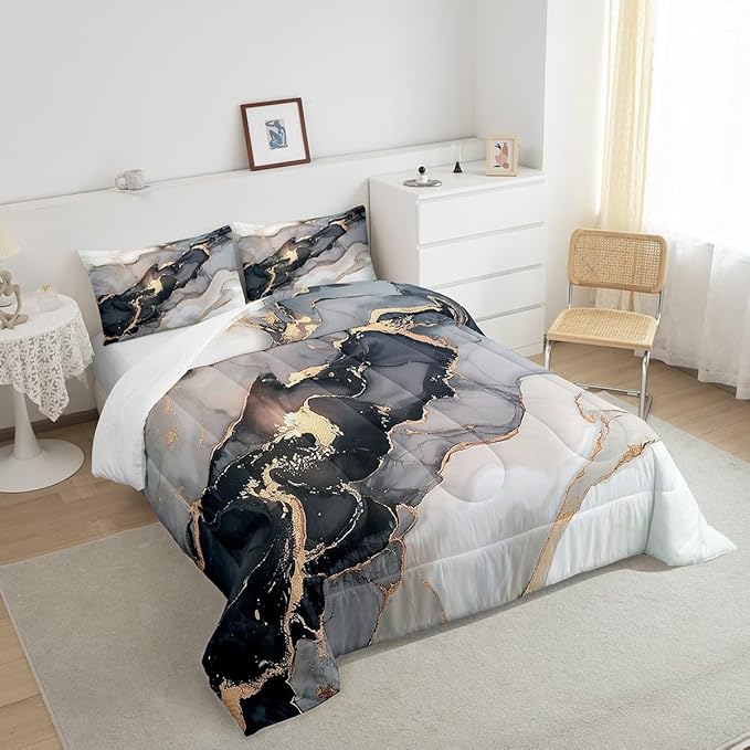 Erosebridal Black Marble Bedding Set King,Black and Grey Marble Comforter Set Men Teens Boys Modern Gray Orange Abstract Art Tie Dye Down Comforter Kids Gothic White Gold Marble Duvet Insert Soft