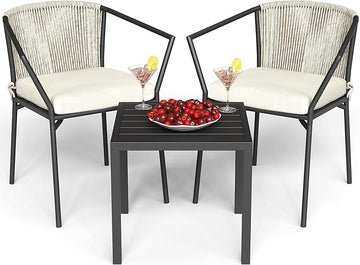 YITAHOME Wicker 3-Piece Outdoor Bistro Set, All-Weather Patio Conversation Set with Stackable Chairs & Table, Outdoor Sectional Furniture Set for Balcony, Backyard, Pool, Porch, Deck - Grayish White
