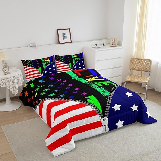 Erosebridal American Flag Comforter Set Rainbow Pride Bedding Set Twin Size for Teens Adult Women Bedroom,USA Federations Stars Stripes Down Comforter Kids Unique Zipper Design Duvet Sets, Colorful