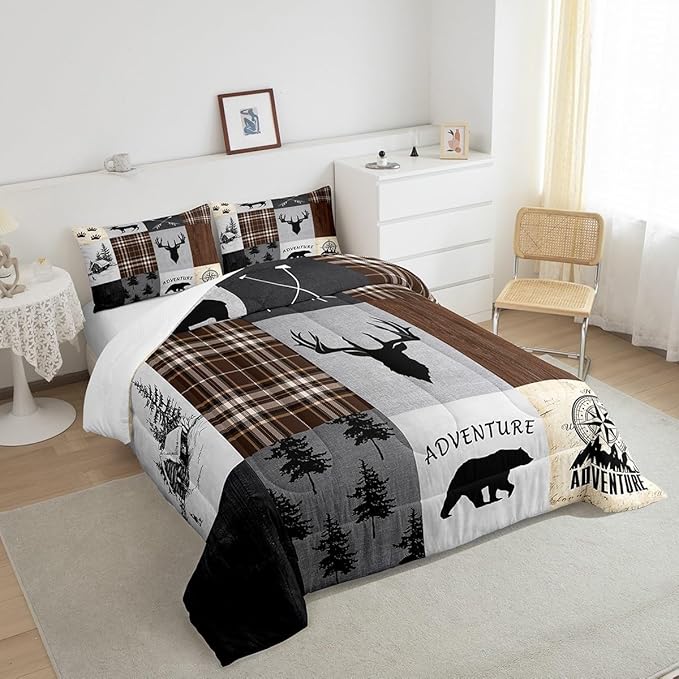 Deer Antler Comforter Set Twin Size,Bear Paw Pine Trees Rustic Farmhouse Bedding Set for Boys Girls Adults Room Decor,Geometric Plaids Arrows Down Comforter,Brown Retro Duvet Insert,1 Pillowcase