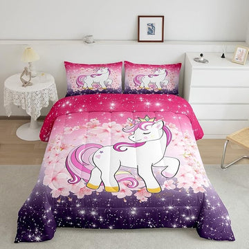 Unicorn Comforter Set King Glitter Bedding Set Cherry Blossoms Duvet Insert Kids Cartoon Kawaii Animal Down Comforter Ombre Galaxy Stars Fantasy Girls Room Decor Quilt Set Aesthetic Pink Purple