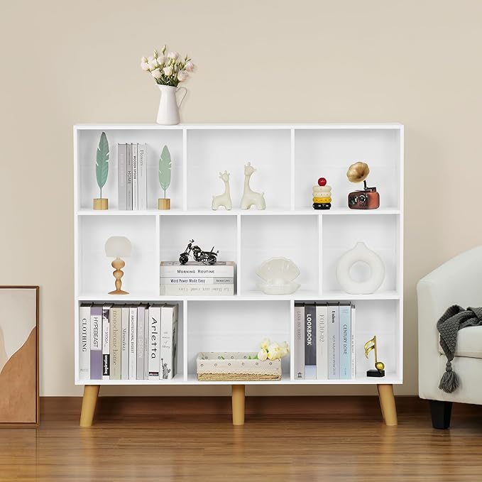 YAHARBO 10 Cube White Bookshelf,3 Tier Book Shelf with Legs,Modern Minimalist Bookcase,Open Book Shelves Storage Organizer,Frees Standing Wooden Display Bookcases for Small Space,Bedroom,Living Room