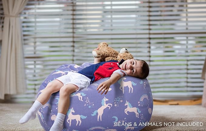 Aubliss Stuffed Animal Storage Bean Bag, Unicorn Bean bag Chair, Stuff 'n Sit for Kids, Medium 32"-Canvas Unicorn Blue