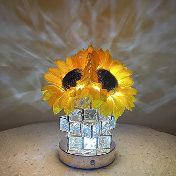 Sunflowers Lamp Touch Lam Artificial LED Sunflower Flowers with Glass Vase Table Lamp Night Light for Home Office Decor House Decorations Gift Idea - Rechargeable (Crystal Magic Cube Sunflower)