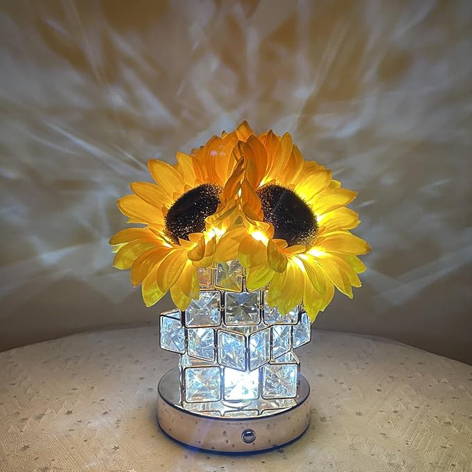 Sunflowers Lamp Touch Lam Artificial LED Sunflower Flowers with Glass Vase Table Lamp Night Light for Home Office Decor House Decorations Gift Idea - Rechargeable (Crystal Magic Cube Sunflower)