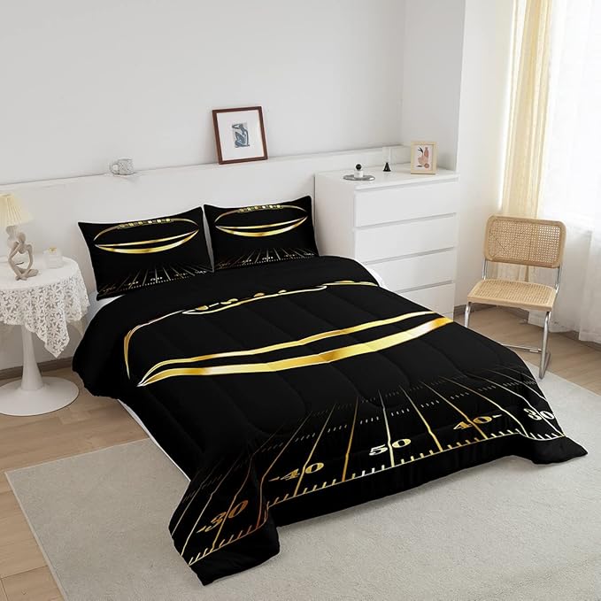 Football Bedding Set Full Kids Rugby Sports Comforter Set American Football Comforter Set for Boys Golden Black Room Decor Lightweight Quilt Set with 2 Pillow Case