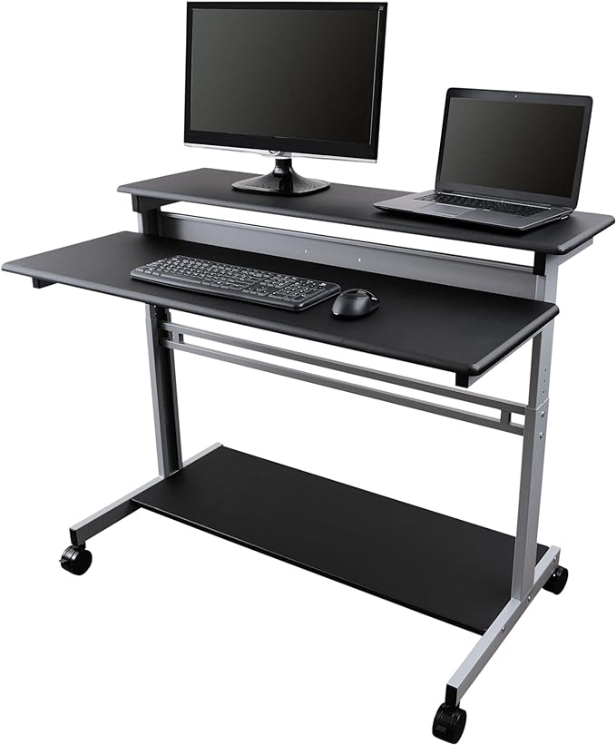 Stand Up Desk Store Rolling Adjustable Height Two Tier Standing Desk Computer Workstation (Silver Frame/Black Top, 48" Wide)