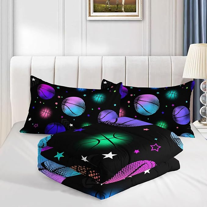 Datura home Kids Comforter Set Glowing Basketball Printed Pattern Bedding Set with 1 Comforter and 2 Pillowcases for Girls Boys Bedroom All Season(Basketball1 Full)