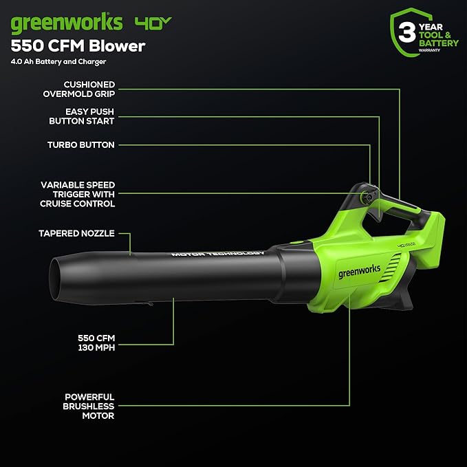 Greenworks 40V (130 MPH / 550 CFM / 75+ Compatible Tools) Cordless Brushless Axial Leaf Blower, 4.0Ah Battery and Charger Included