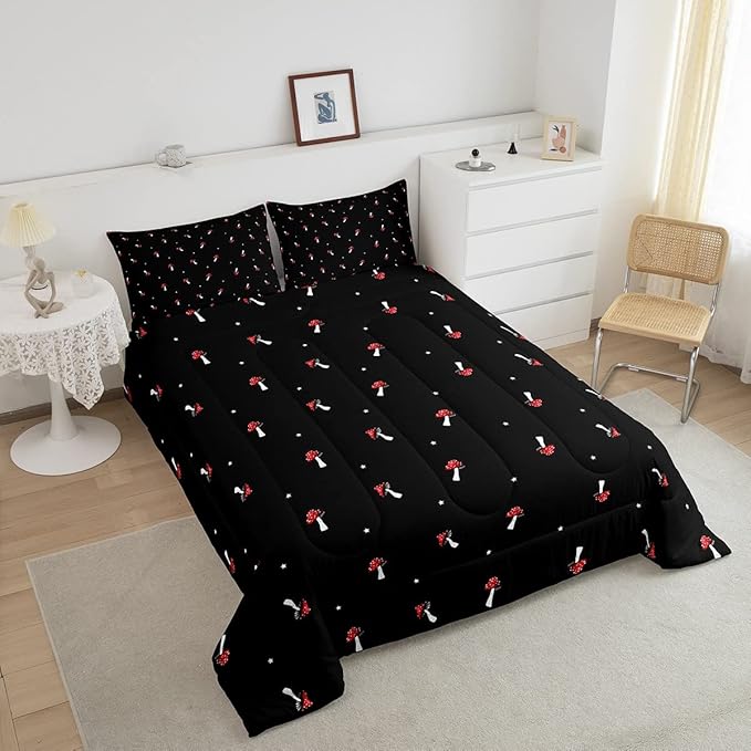 Cute Mushroom Comforter Set Full Size Kid Cartoon Bedding Set Red Mushroom Kawaii Reversible Duvet Set Types of Mushrooms Comforter Cute Wild Species Comforter Set for Bedroom Decor, Black