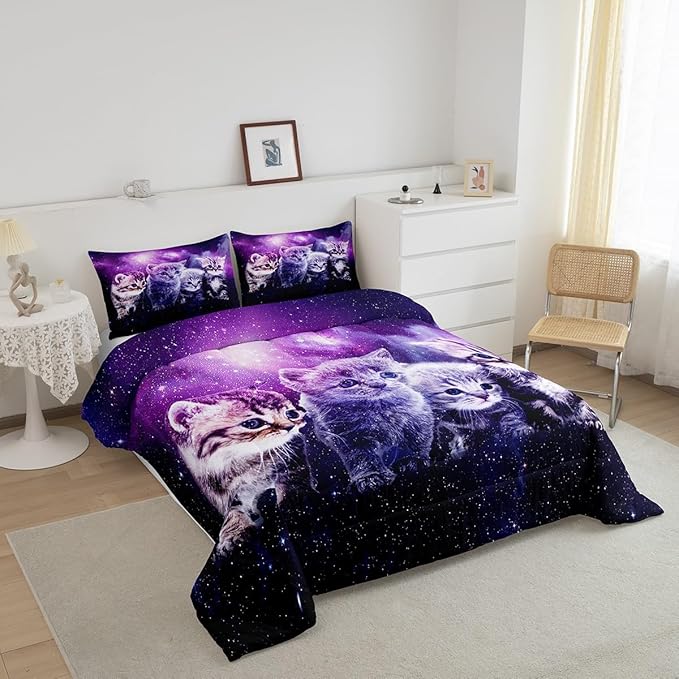 Cat Comforter Cute Pet Cats Pattern Bedding Set Outer Space Kawaii Kitten Comforter Set for Children Kids Boys Girls Cartoon 3D Animal Theme Galaxy Duvet Set Purple Room Decor Quilt Set King Size