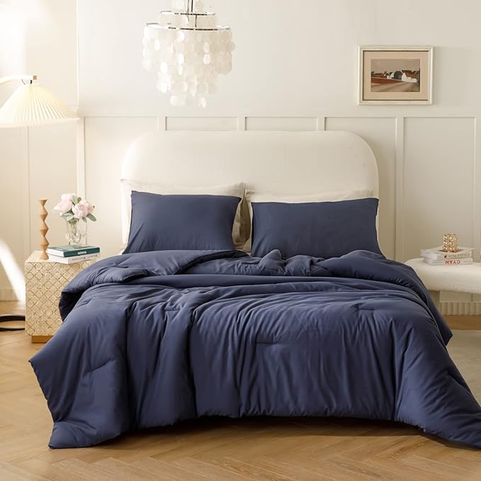 ROSGONIA Twin Comforter Set for College Boys Girls Navy Blue, 1 Boho Blue Comforter & 1 Pillowcase, Lightweight Kids Comforter Soft Dorm Bedding