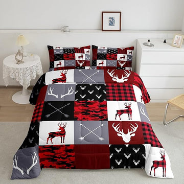 Deer Silhouette Comforter Set Twin Size,Antler Arrow Grid Stripe Design Bedding Duvet 2pcs for Kids Teens Adult Boys Girls Home Room Decoration, Camouflage Christmas Style Red Quilt Set