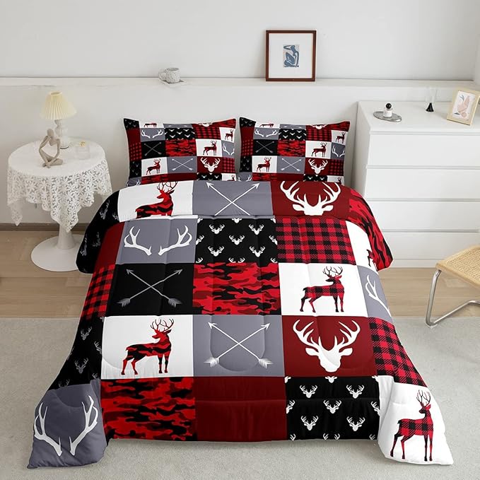 Deer Silhouette Comforter Set Full Size,Antler Arrow Grid Stripe Design Bedding Duvet 3pcs for Kids Teens Adult Boys Girls Home Room Decoration, Camouflage Christmas Style Red Quilt Set