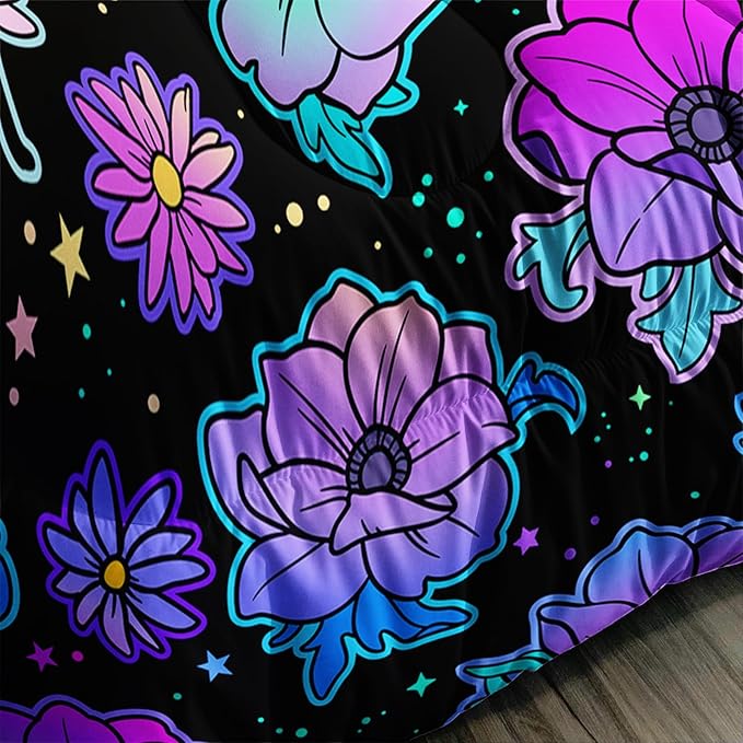Axolotl Neon Floral Bedding Set Twin,Gradient Floral Comforter Set for Girls,Colorful Flower Bedding Set Stars,Galaxy Series Comforter for Kids Boys Girls Teens Adults,1 Quilt 2 Pillowcases,Black