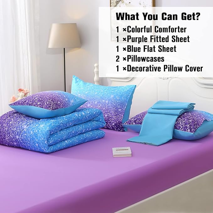 JQinHome Glitter Comforter Set Twin Size,6 Piece Bed in A Bag 3D Colorful Ombre Bedding Set for Girls kids(1 Comforter,2 Pillowcases,1 Flat Sheet,1 Fitted Sheet,1 Cushion Cover)(Blue Purple)
