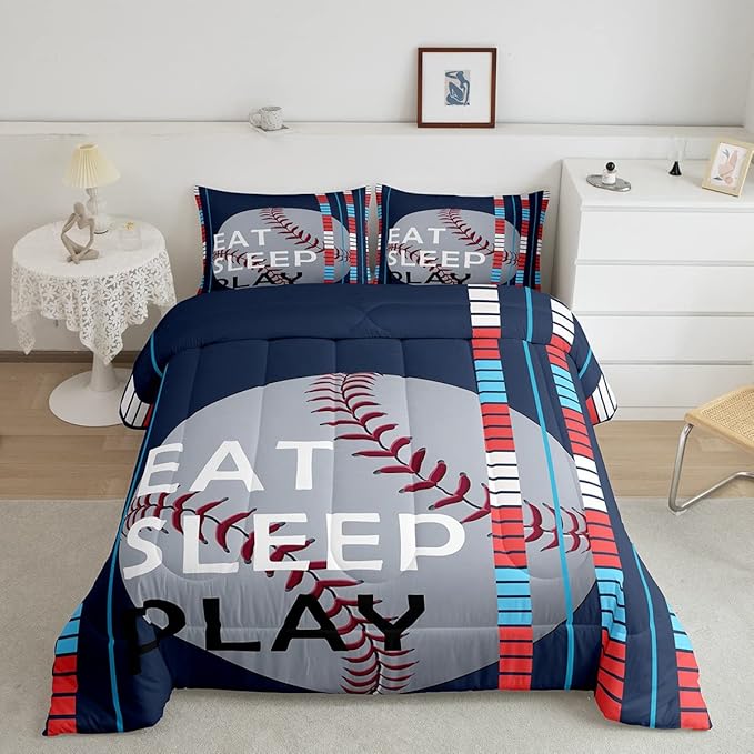 Baseball Comforter Set Sports Game Bedding Set for Boys Girls Baseball Gaming Blue Stripe Comforter Gift for Baseball Softball Lover Room Decor Full Size Quilt Boys